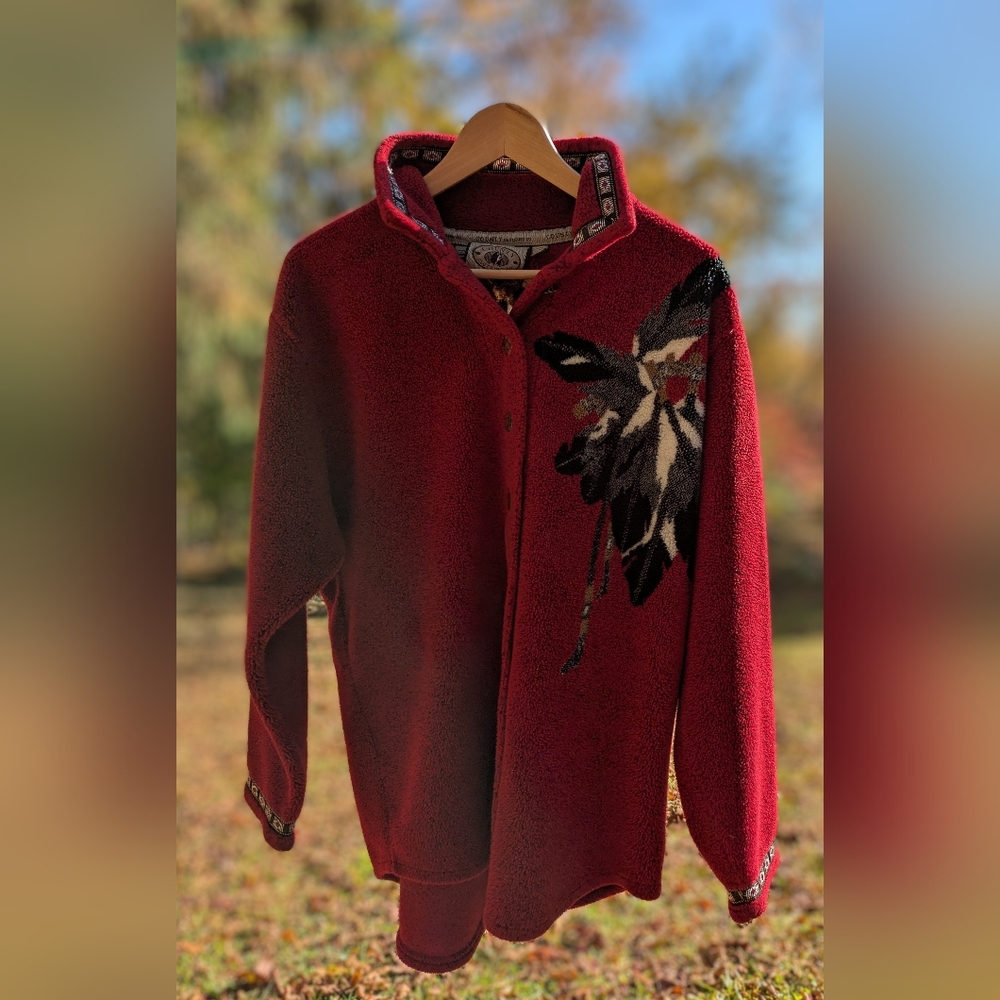 County Red Fleece Jacket with Feather Design